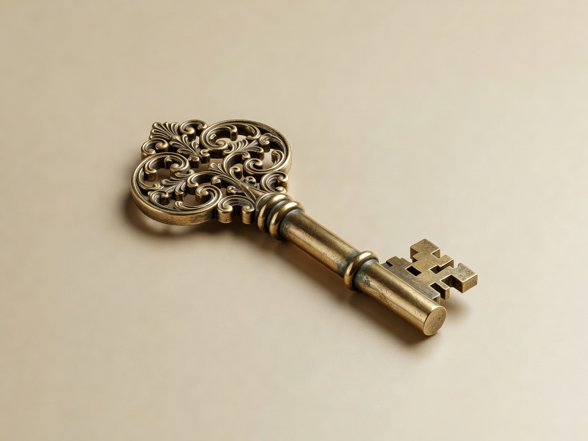 3D render of an ornate antique key lying on a plain champagne backdrop