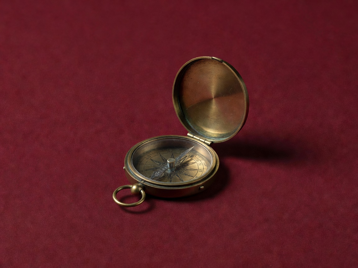 3D render of an open brass pocket compass on a plain burgundy backdrop
