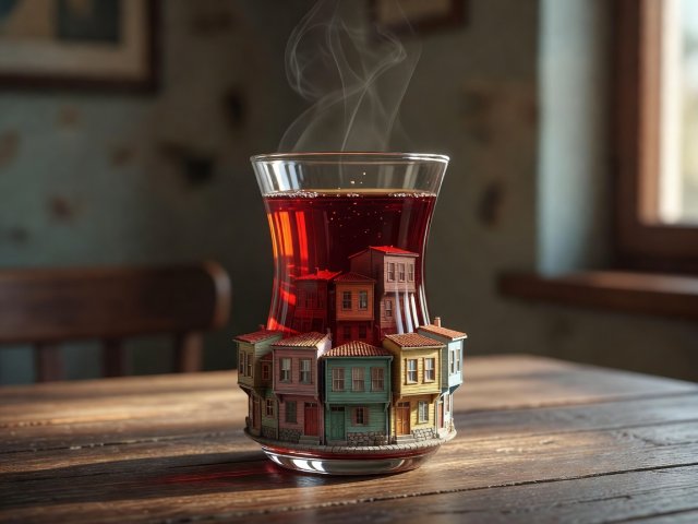 3D render of a tulip-shaped Turkish tea glass representing Balat in Istanbul