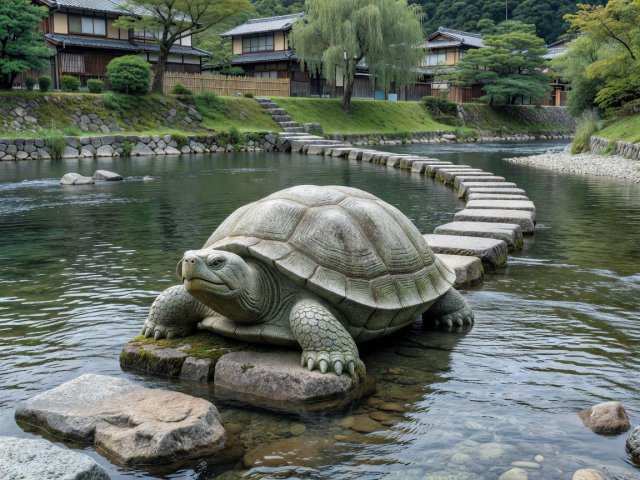 3D render of a stone turtle representing the stepping stones of Demachiyanagi in Kyoto