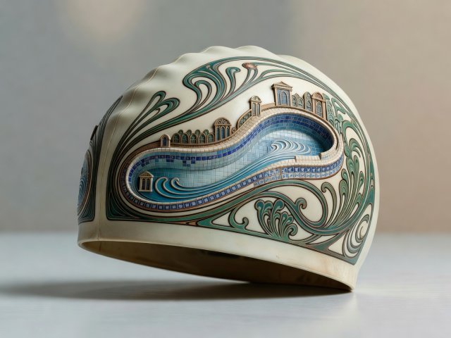 3D render of a vintage swimming cap representing the Art Nouveau pool of Butte-aux-Cailles in Paris