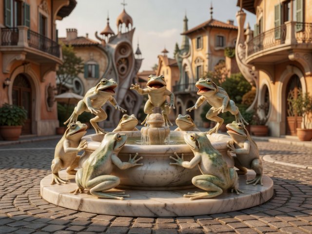 3D render of a small frog figurine representing the Fontana delle Rane in Rome's Coppedè quarter