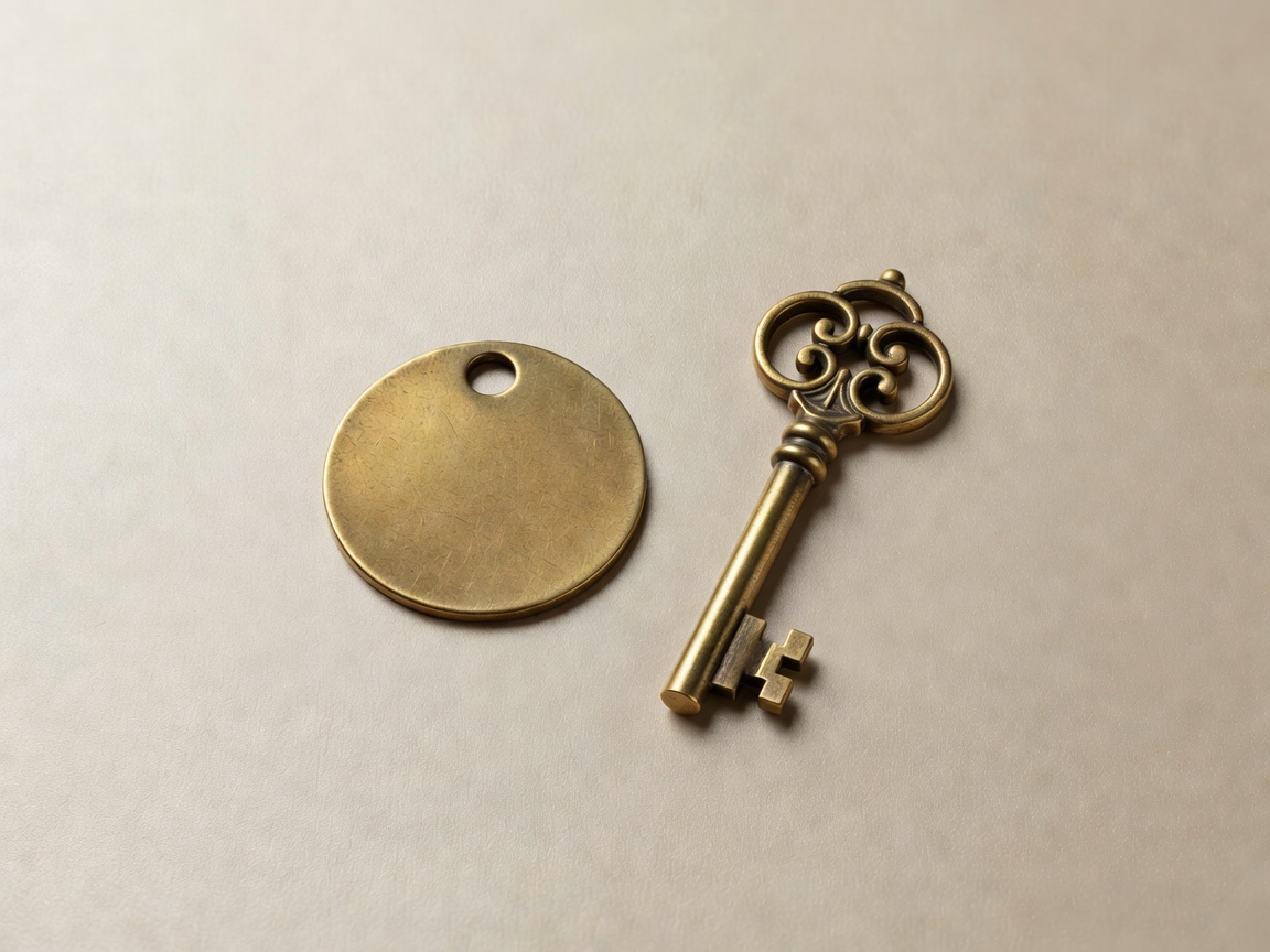 3D render of a brass tram token and an antique key on a champagne backdrop