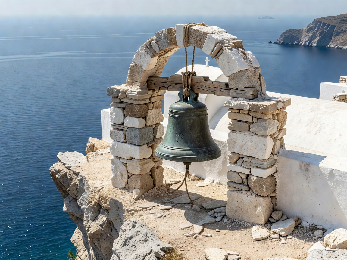 3D render of a small church bell representing the cliff-top chapel on Folegandros