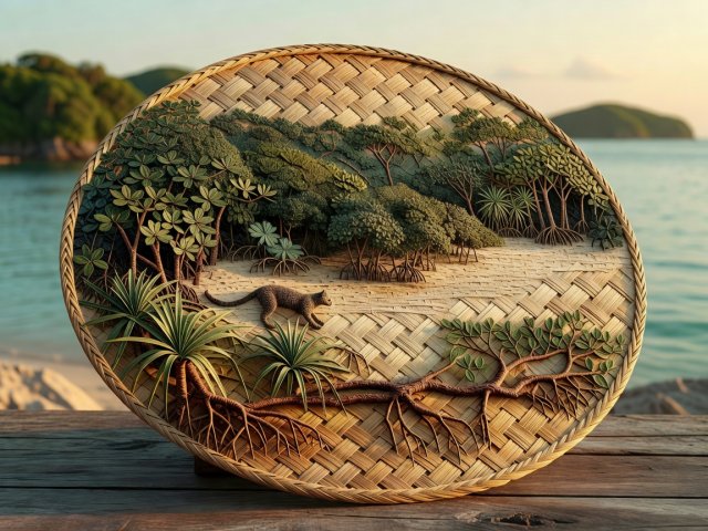 3D render of a woven fan representing the subtropical island of Iriomote in Okinawa