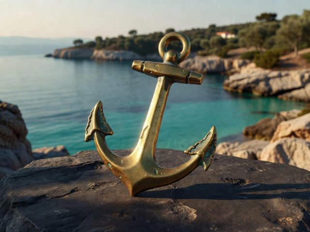 3D render of a small brass anchor representing the island of Vis in Croatia