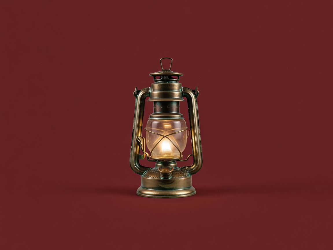 3D render of an old brass lantern glowing softly on a plain burgundy backdrop