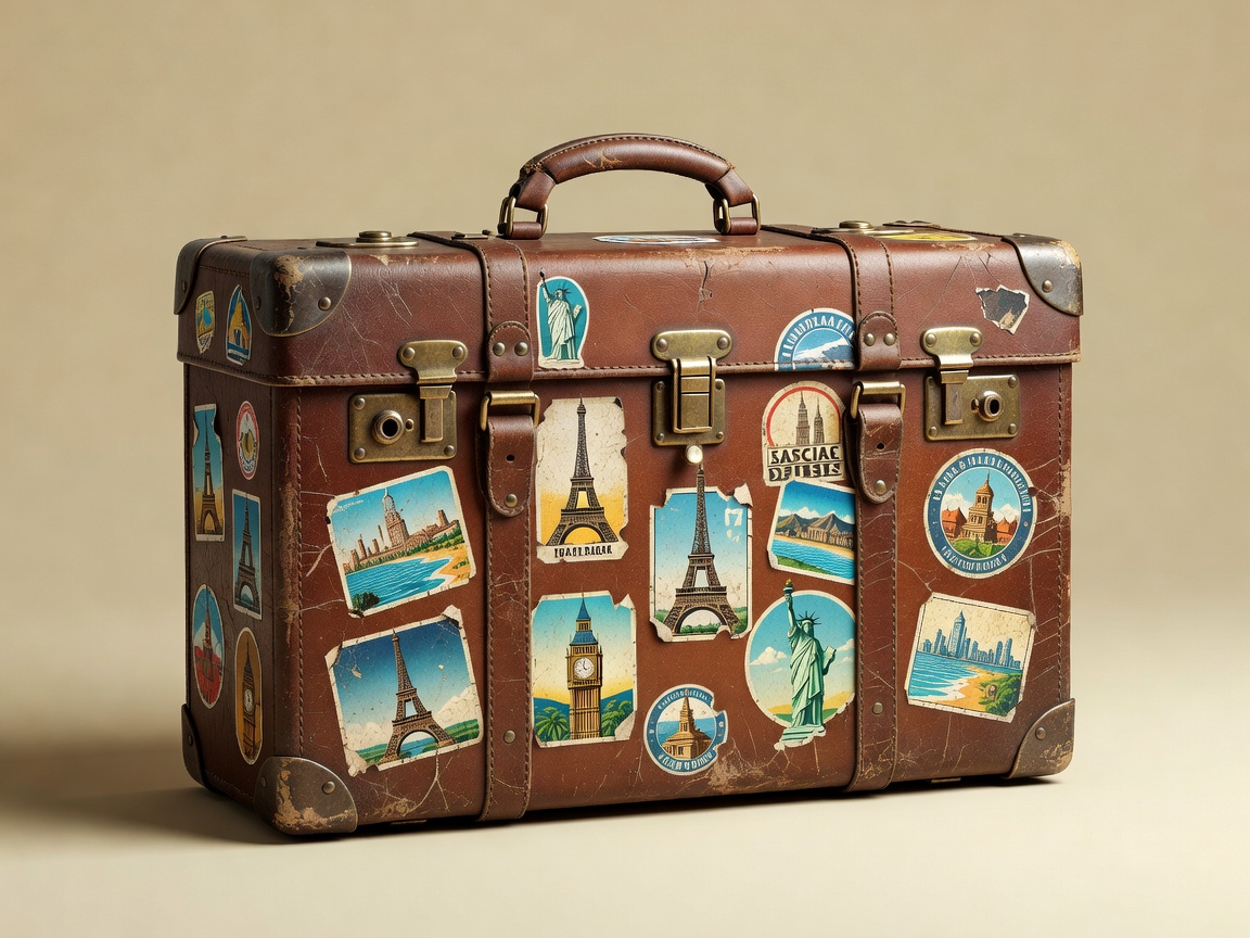 3D render of a worn leather suitcase with travel stickers on a plain champagne backdrop