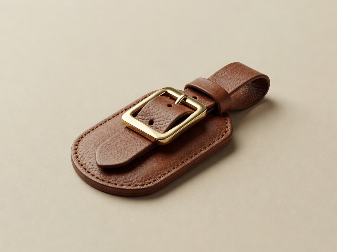 3D render of a leather luggage tag with a brass buckle on a plain champagne backdrop