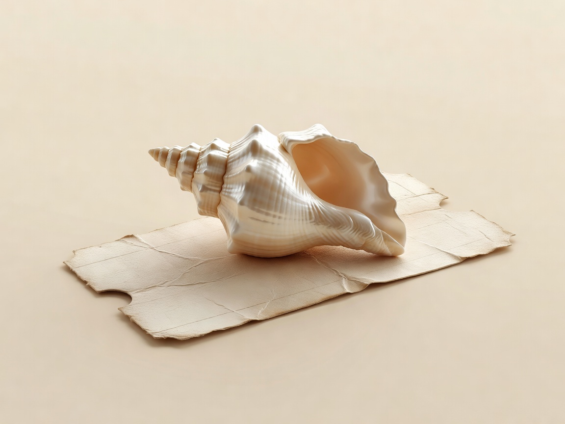 3D render of a seashell resting on an old ferry ticket against a champagne backdrop