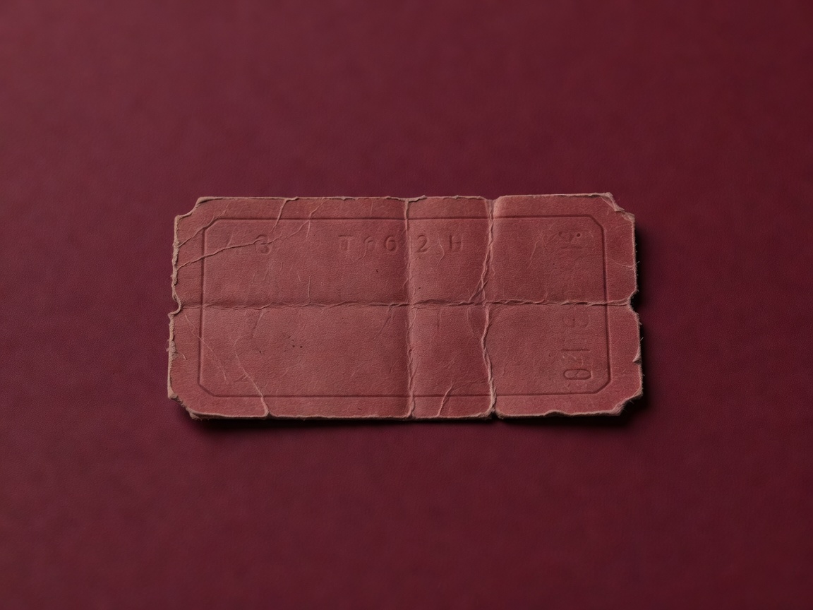 3D render of a vintage cardboard train ticket on a plain burgundy backdrop