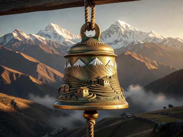 3D render of a brass prayer bell representing Ghandruk in Nepal's Annapurna region