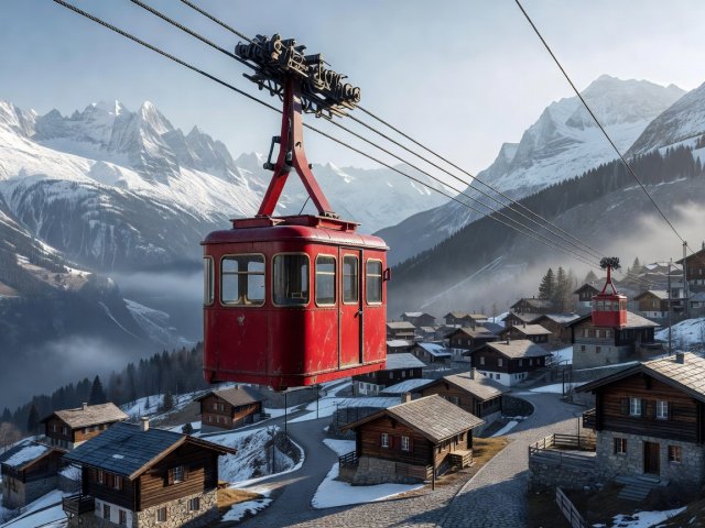 3D render of a vintage red cable car cabin representing car-free Gimmelwald in Switzerland