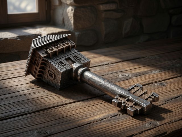 3D render of an iron door key representing the lock-in tower of Theth in Albania