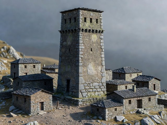 3D render of a miniature Svan defensive stone tower representing Ushguli in Georgia