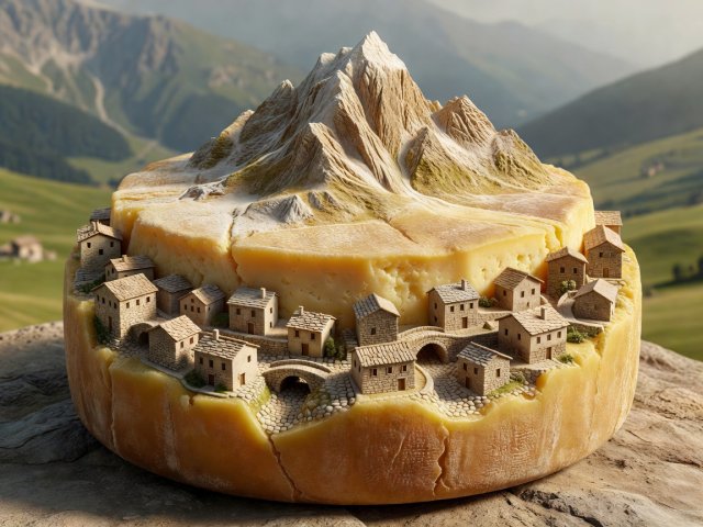 3D render of a small mountain cheese wheel representing Valle Maira in Piedmont