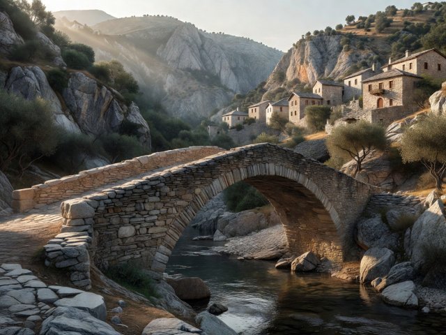 3D render of an arched stone bridge representing the Zagori villages in Greece