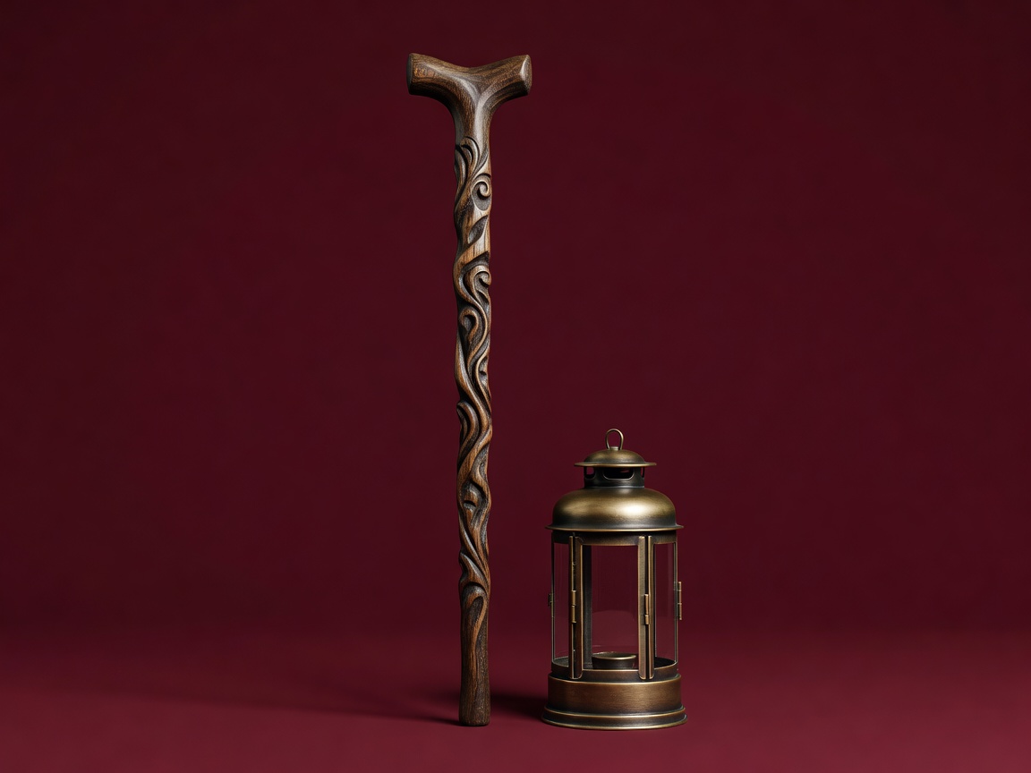 3D render of a carved wooden walking stick beside a brass lantern on a burgundy backdrop